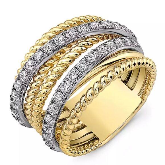 Gorgeous Cross Twisted Multilayer Ring Two Tone Micro Crystal Zircon Ring - Picture 1 of 6